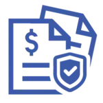 A blue line-art icon featuring a document with a dollar sign and a security shield containing a checkmark in the foreground, representing verified bill auditing.