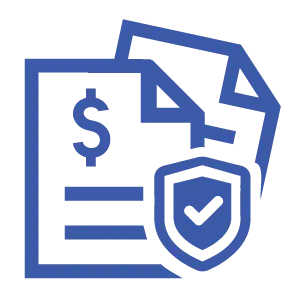 A blue line-art icon featuring a document with a dollar sign and a security shield containing a checkmark in the foreground, representing verified bill auditing.