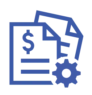 Two overlapping document sheets featuring a dollar sign and horizontal text lines. A small gear is positioned at the bottom right to represent customization settings.