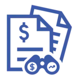 A blue line-art icon showing a stack of documents with a dollar sign, overlaid with binoculars that have a dollar sign and a trend line in the lenses symbolizing budget forcasting.