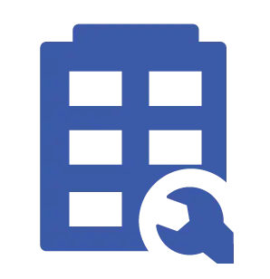 A blue line-art icon featuring a stylized office building with a circular shape containing a wrench, symbolizing building maintenance and recommissioning.