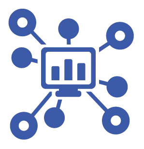 A blue line-art icon featuring a computer screen with a bar chart, connected by lines to several circular nodes, representing data flow and system integration.