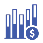A blue line-art icon featuring four vertical bars of varying heights next to a circular coin symbol with a dollar sign, representing financial data and energy costs.