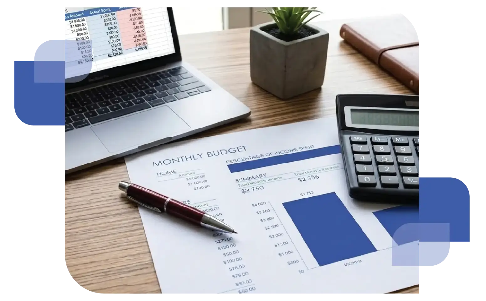 An office desk featuring a laptop displaying energy data charts, a printed monthly report, a smartphone, a calculator, and a pen, representing an energy manager's workspace.