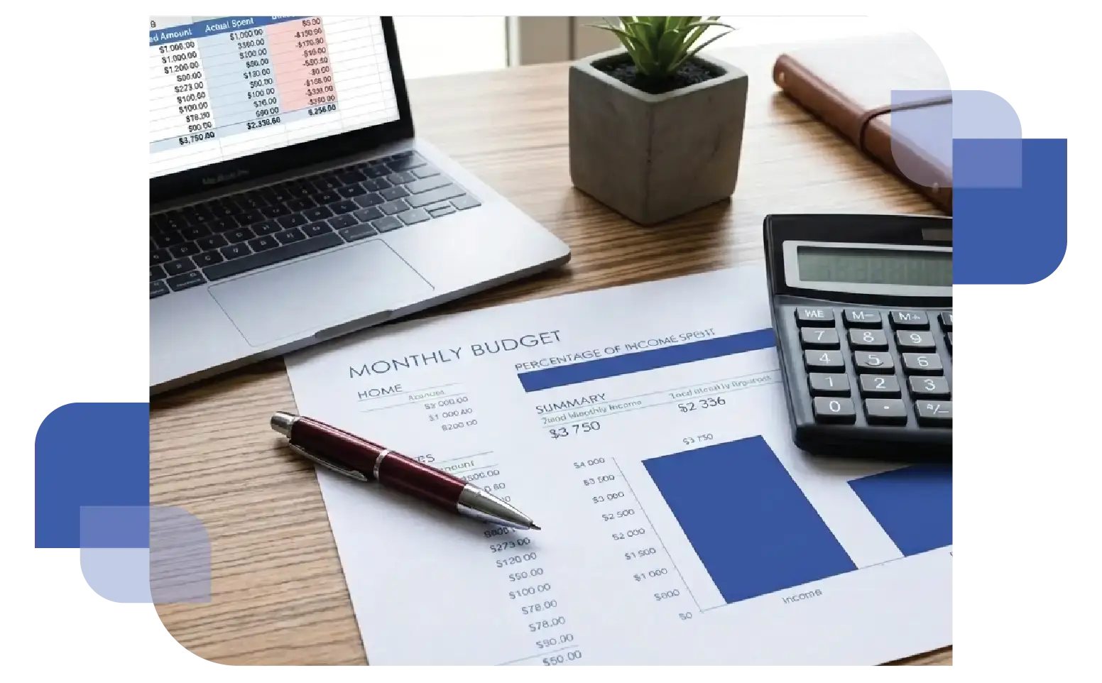 An office desk featuring a laptop displaying energy data charts, a printed monthly report, a smartphone, a calculator, and a pen, representing an energy manager's workspace.
