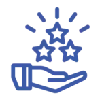 A blue line-art icon depicting a cupped hand supporting three five-pointed stars with radiating lines, symbolizing premium service and managed care.