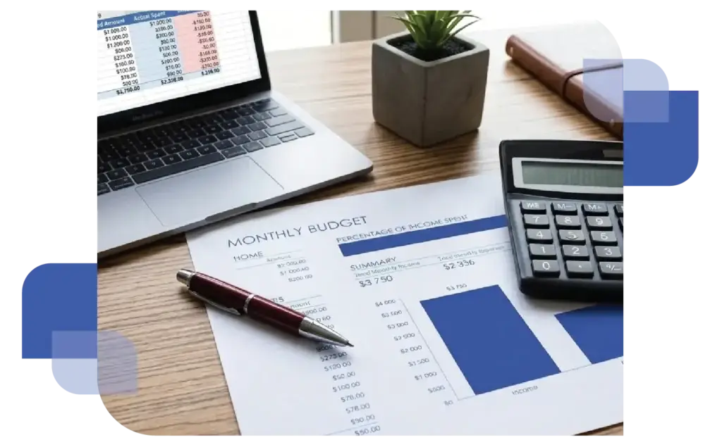 For the Enpira HOME_Cost Effective image you’re working on, here are a few alt text options tailored to how you might use it on your site: Option 1: Detailed & Descriptive (Best for Accessibility) Alt Text: A top-down view of a workspace featuring a printed "Monthly Budget" sheet with a pen resting on it, a calculator, a small potted plant, and a laptop showing a financial spreadsheet.