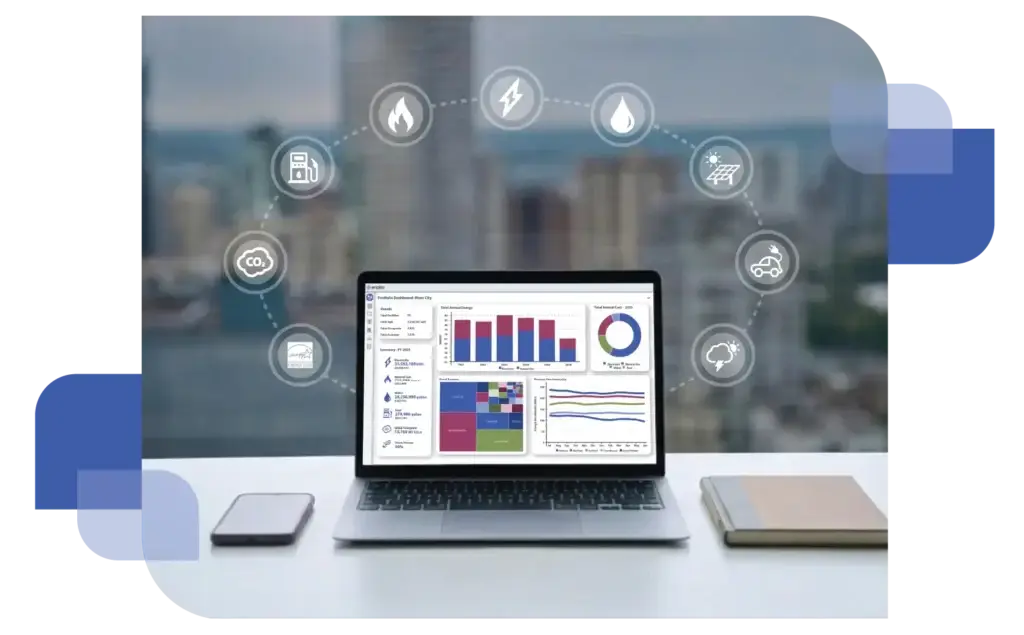 A laptop on a desk showing a comprehensive energy management dashboard with bar charts and data tables. Floating circular icons above the laptop represent different utilities and metrics including electricity, water, gas, solar, and carbon emissions.
