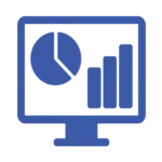 A blue line-art icon of a desktop computer screen featuring interactive data visualizations, including a three-slice pie chart and a four-bar vertical graph.