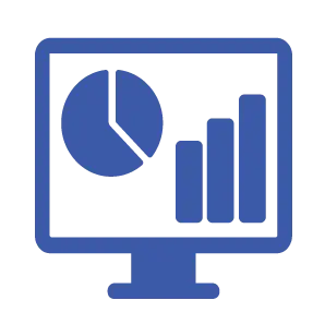 A blue line-art icon of a desktop computer screen featuring interactive data visualizations, including a three-slice pie chart and a four-bar vertical graph.