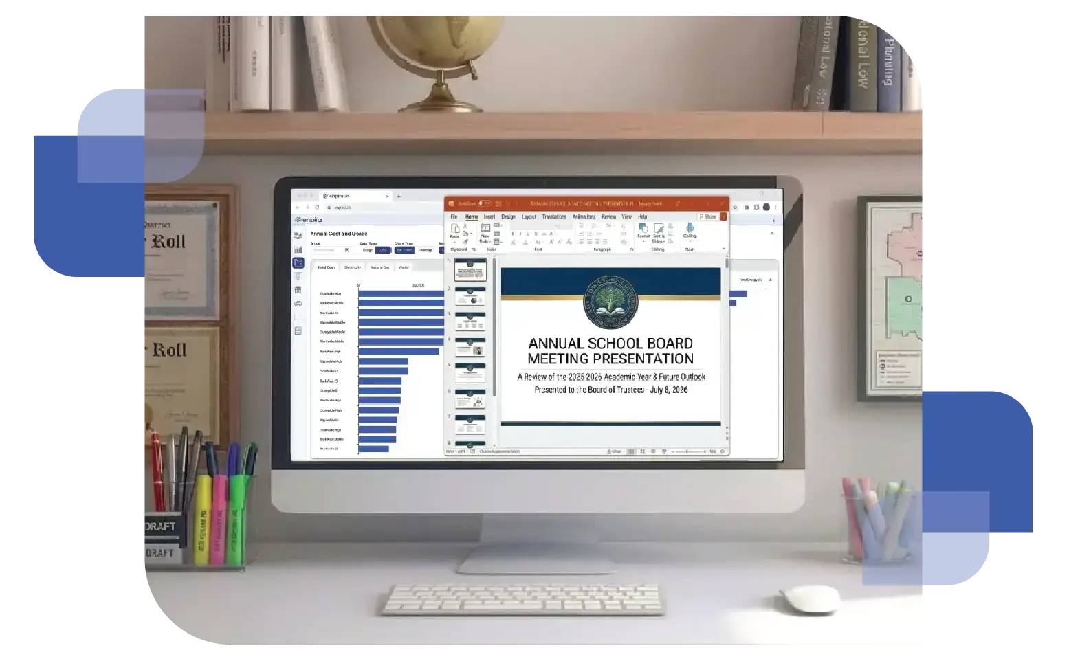 A desktop computer on a desk displaying an Enpira energy intelligence dashboard with bar charts and utility usage data and a draft powerpoint presentation for an upcoming school board meeting.