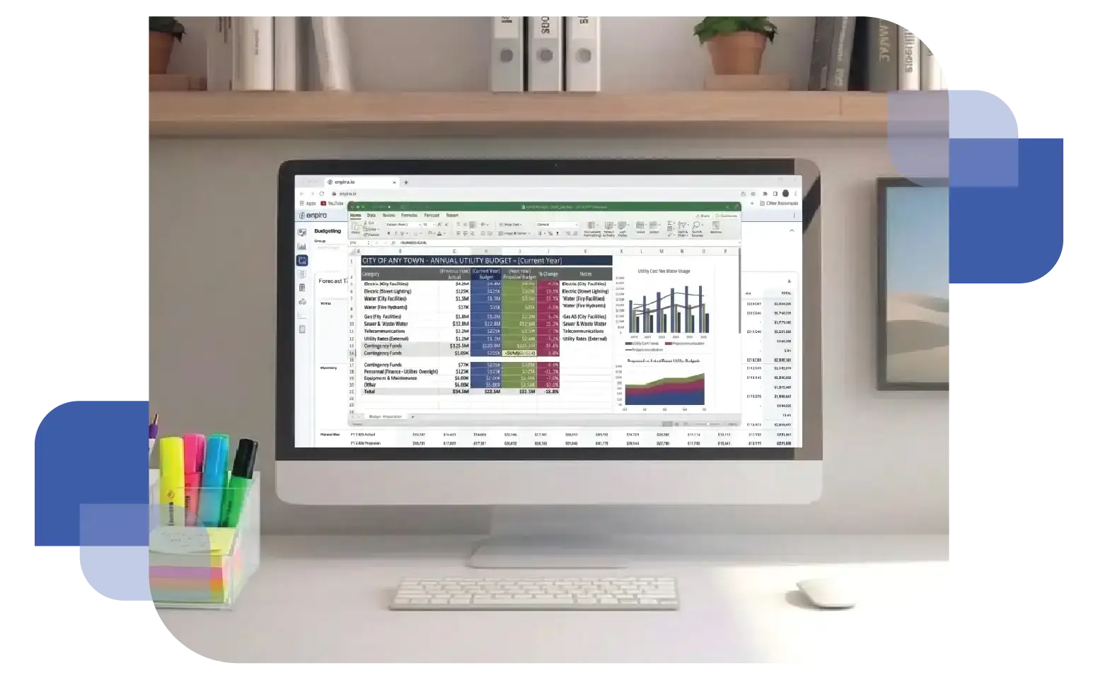A digital mockup featuring a desktop computer displaying the Enpira platform interface, which includes various colorful data visualizations, bar charts, and utility management dashboards.