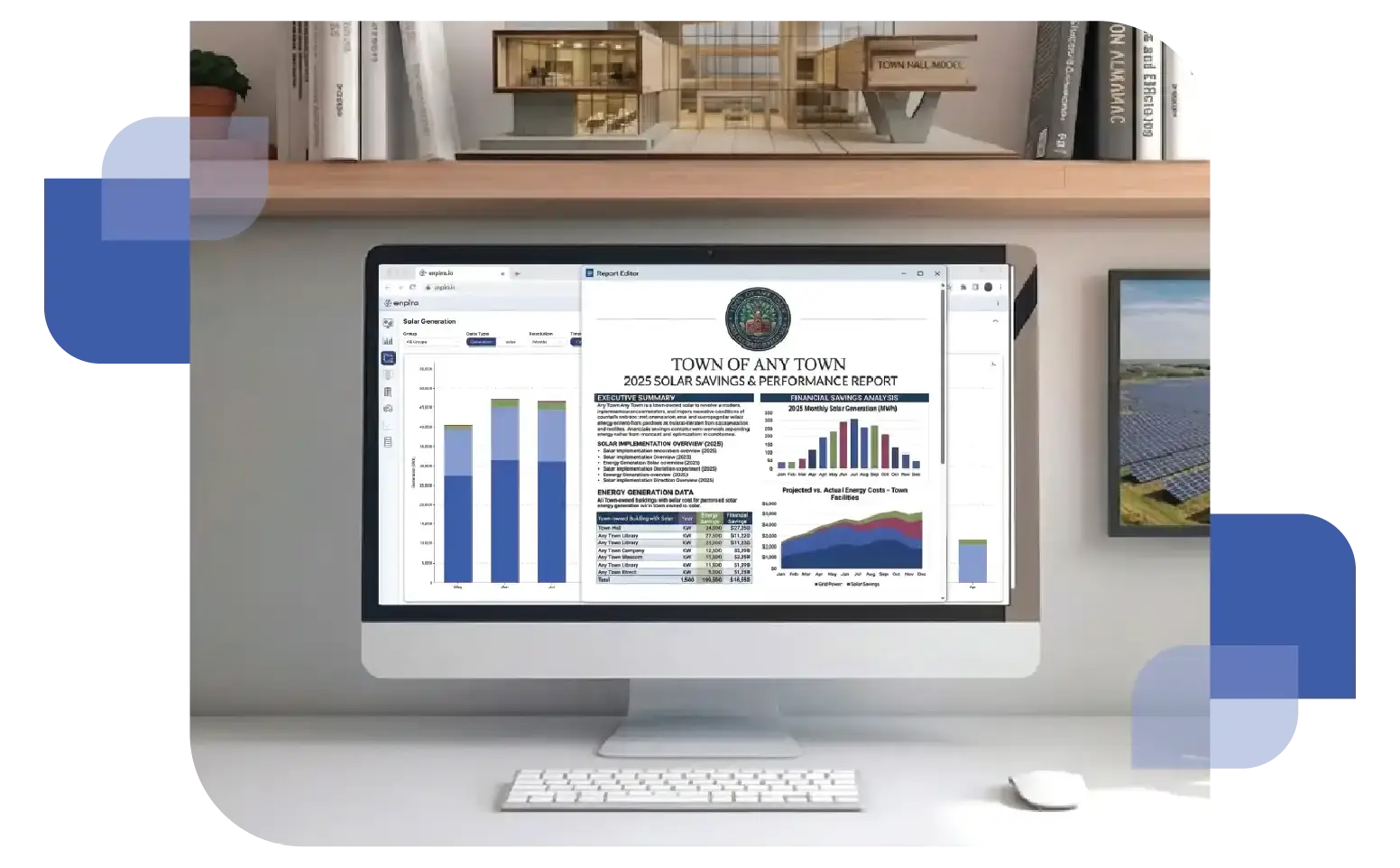 Desktop monitor displaying the Enpira energy intelligence dashboard with bar charts and data visualizations and a second window with a solar valuation report, all set on a professional office desk with a notebook and pen.