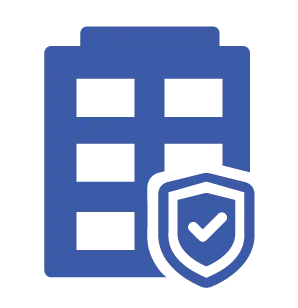 A stylized blue icon representing a building with a protective shield and a checkmark, symbolizing verified measurement and security.