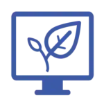 A blue line-art icon featuring a desktop computer monitor displaying a large leaf, symbolizing digital sustainability reporting or environmental data tracking.