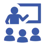 A stylized blue icon featuring a figure giving a presentation on a large screen to three seated audience members, representing professional reporting and communication.
