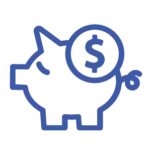 A blue line-art icon of a piggy bank featuring a large dollar sign on its side, symbolizing financial savings and cost reduction.