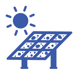 A blue icon of a solar panel angled toward a sun; the panel features irregular spots to indicate surface degradation or efficiency loss.