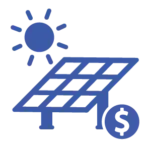 A blue line-art icon featuring a sun and a slanted solar panel, with a circular dollar sign symbol in the foreground to represent financial valuation.