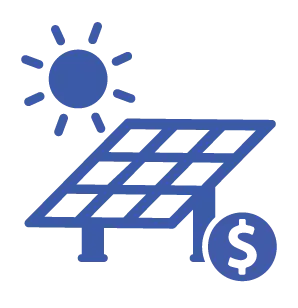 A blue line-art icon featuring a sun and a slanted solar panel, with a circular dollar sign symbol in the foreground to represent financial valuation.