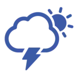 A blue line-art icon depicting a weather scene with a large cloud, a lightning bolt, and a sun, representing weatherization and environmental protection.